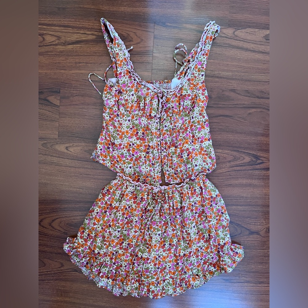 Girls Floral Print Shorts Romper - Pink & Orange